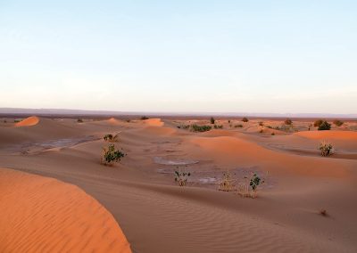 Coucher de soleil sur les grands dunes de désert Marocain